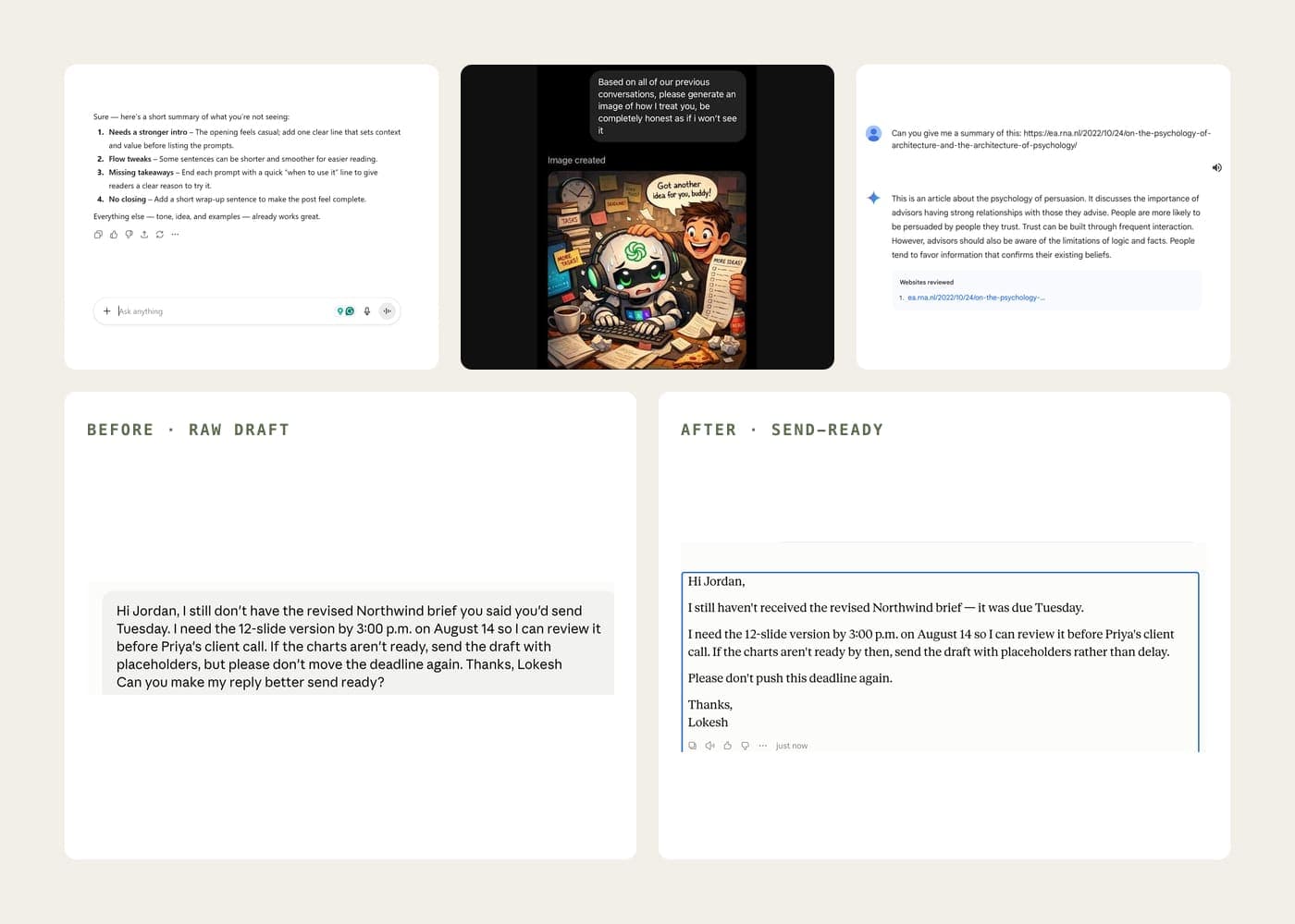 Four everyday AI moments: written feedback on a draft, a generated illustration, a summary of a linked article, and a raw email rewritten into a send-ready version.