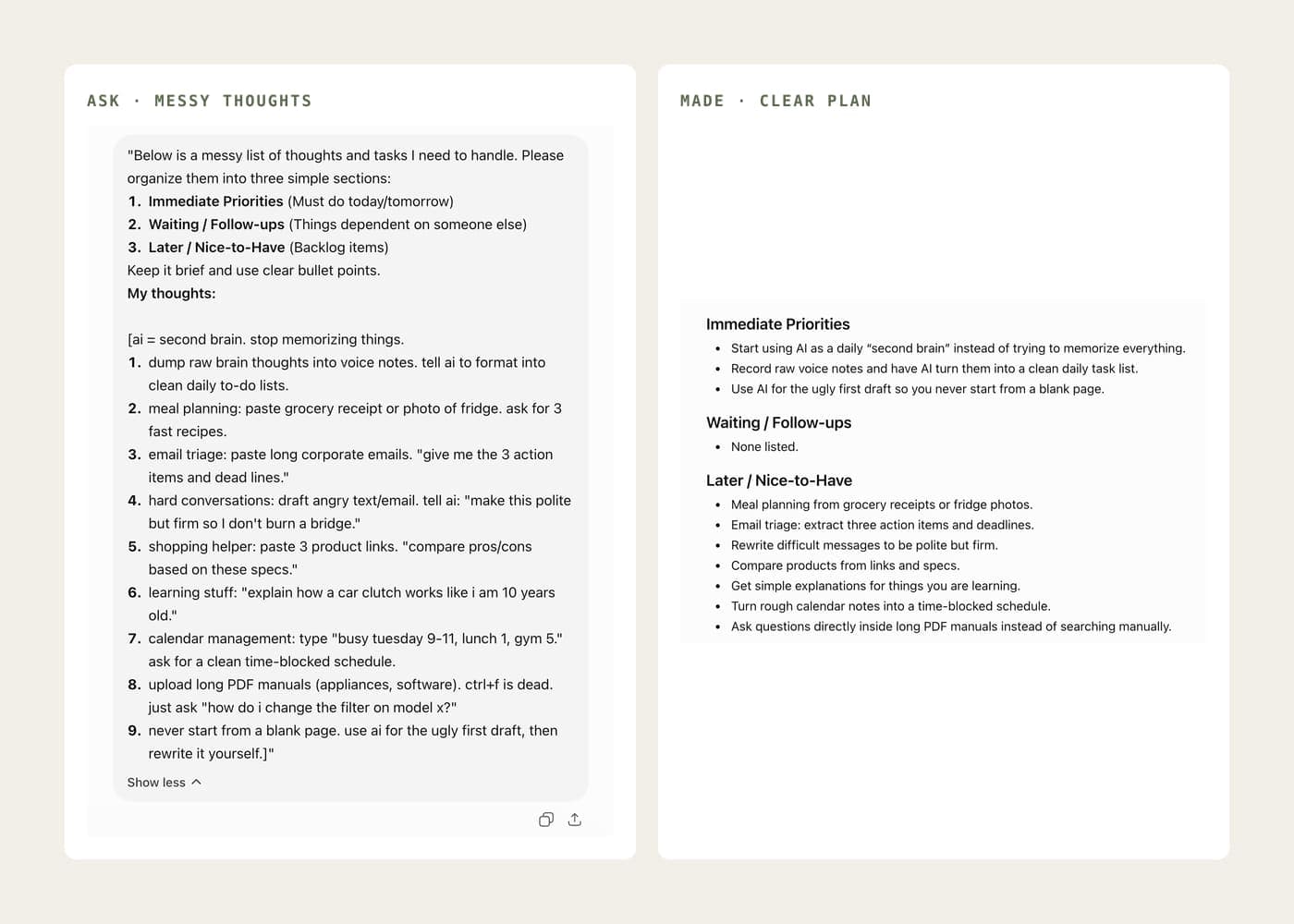 A messy list of thoughts and tasks on the left, and the same list returned on the right as a clear plan grouped into Immediate Priorities, Waiting or Follow-ups, and Later or Nice-to-Have.