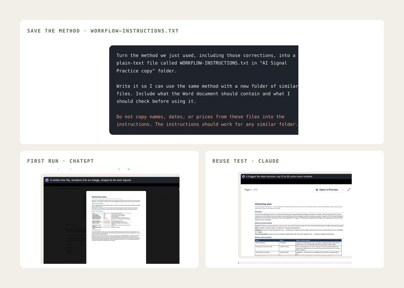 A saved method: an instruction to write the workflow into a plain-text file that works for any similar folder, without copying names, dates or prices — then its first run in ChatGPT and a reuse test in Claude, each producing a checked plan.