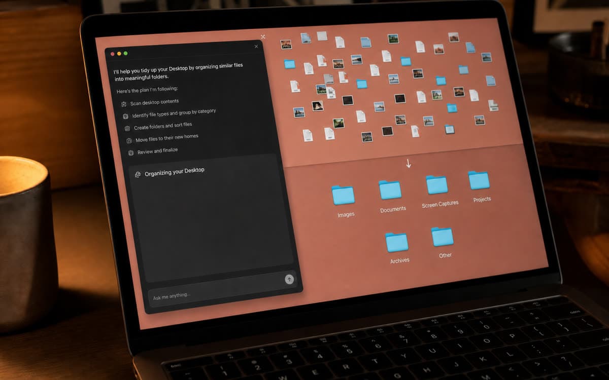 A desktop AI agent working through a scattered Desktop: it lists its plan, then the loose screenshots and files resolve into folders including Images, Documents, Screen Captures and Projects.