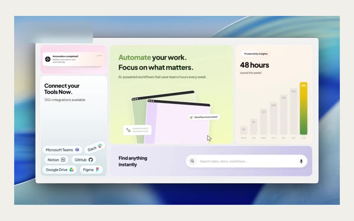 An anonymized client website page flow: a headline about automating work, an integrations panel, a time-saved chart and a prominent search field. Identifying marks are hidden.