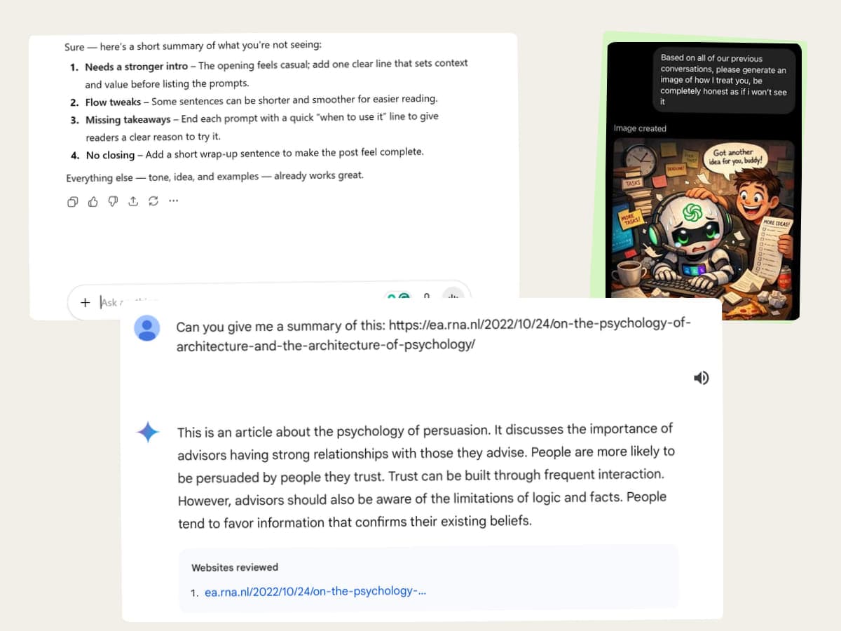 Three real AI conversations laid out as a contact sheet: written feedback on a draft, a generated illustration, and a summary of a linked article.