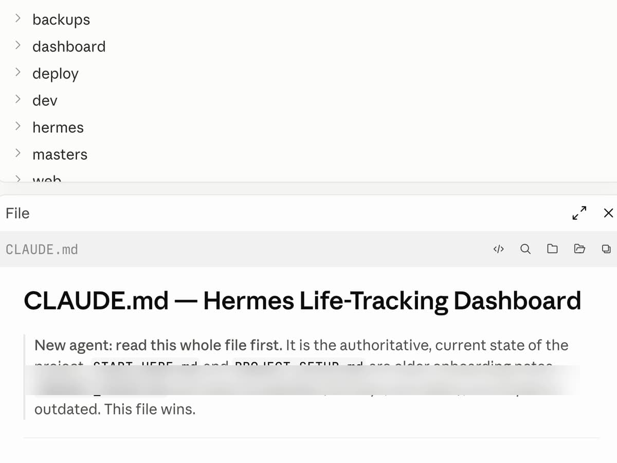 A real project folder tree above an open CLAUDE.md handoff file telling the next AI to read it first as the authoritative state of the project; one private setup line is blurred.